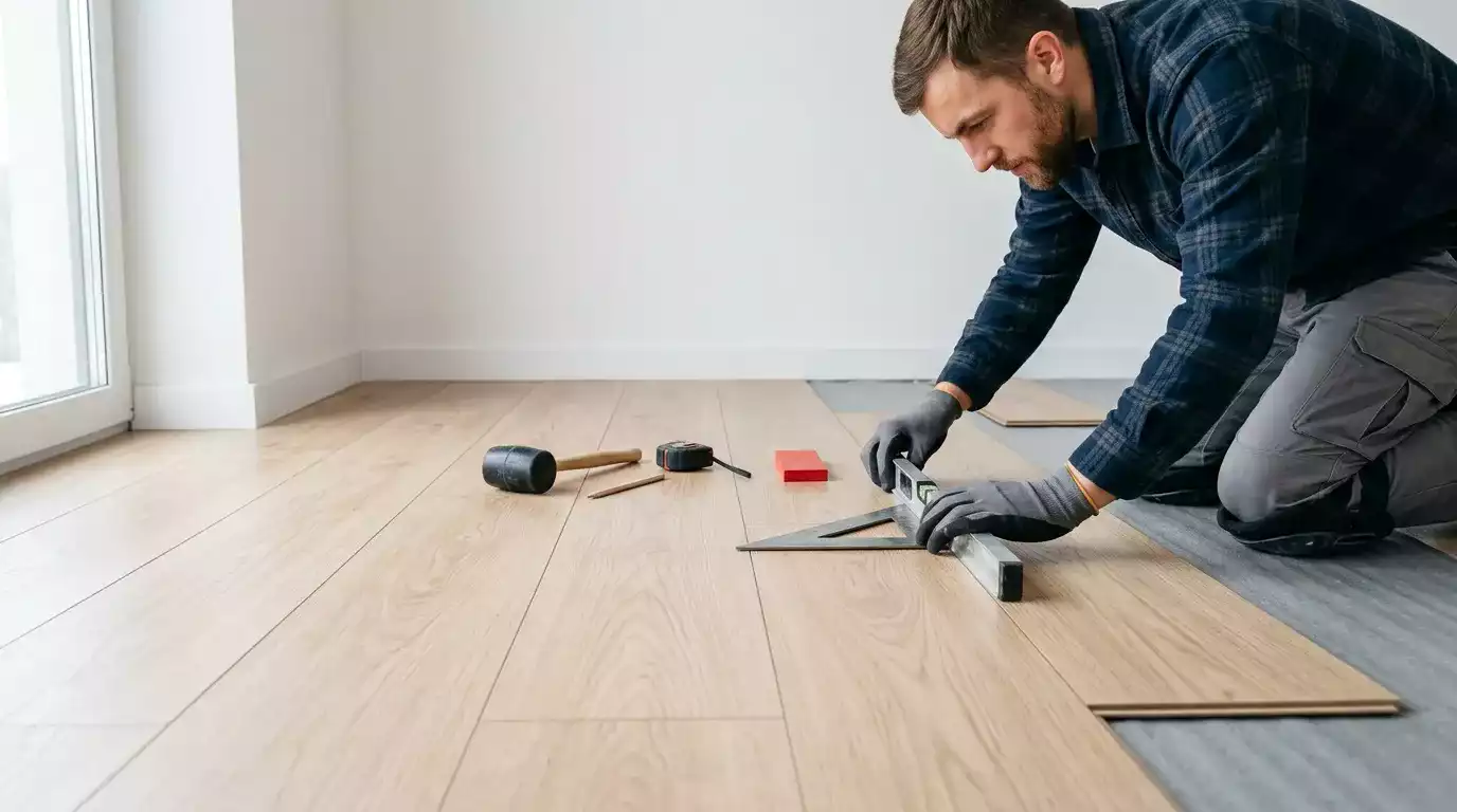 Instalação de piso laminado em sala ampla