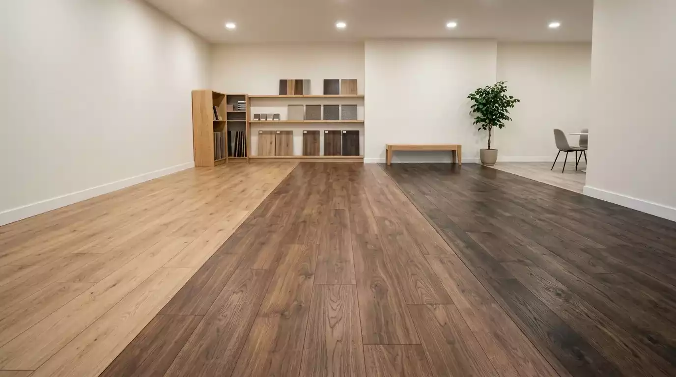 Ambiente comercial com piso laminado instalado e acabamento profissional