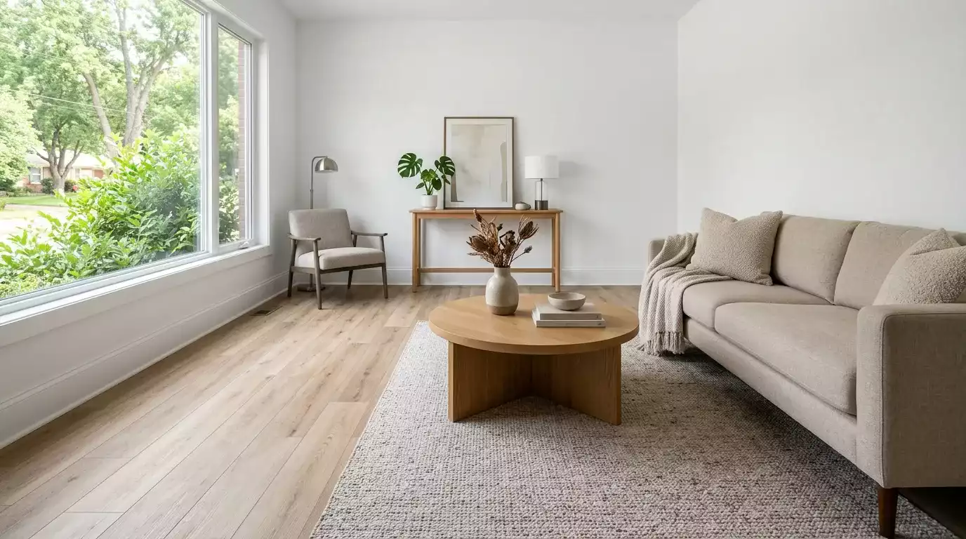 Ambiente finalizado com piso vinílico e laminado, rodapés e acabamento profissional